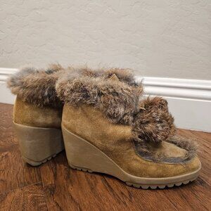 Coach Kataya camel suede rabbit fur wedge boots